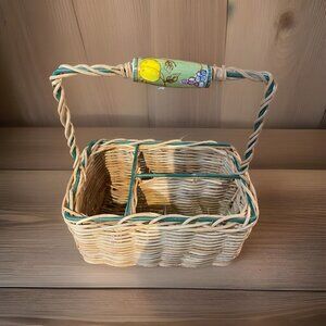 Wicker Divided Basket Green Metal Ceramic Floral Handle Plastic Inserts